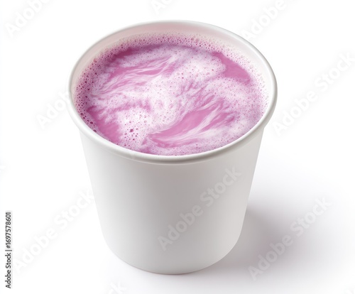 Foamy, light pink beverage in a white cup, viewed from above, isolated on a white background with a subtle shadow