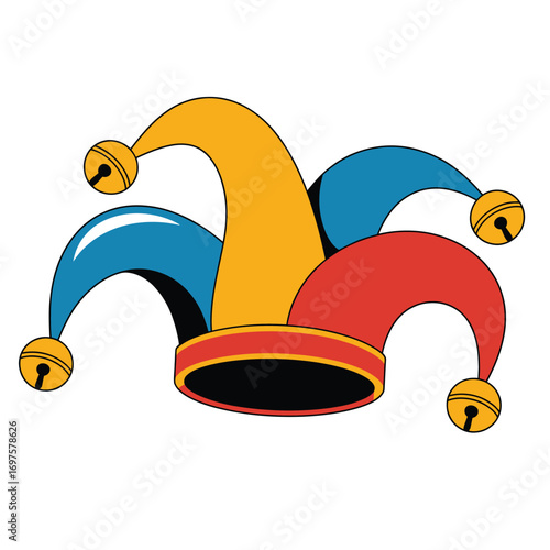 Colorful vector illustration of a classic jester hat with bells in red yellow and blue isolated on a clean white background