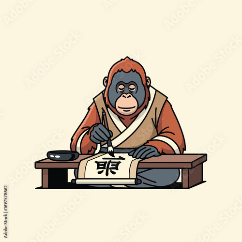 Illustrated orangutan in traditional robes calmly practicing calligraphy with a brush and ink on a scroll.
