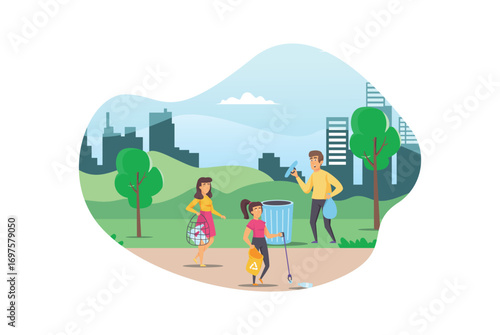 Illustration People collect and sort garbage in city park vector flat illustration. Men and woman taking care of the planet by collecting waste in bags.  Suitable for Diagrams, Infographic, Game Asset