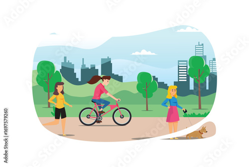 Illustration Young people doing physical activity outdoors at the park, they are running, cycling and bring the dog, healthy lifestyle  Suitable for Diagrams, Infographics, And Other Graphic Asset