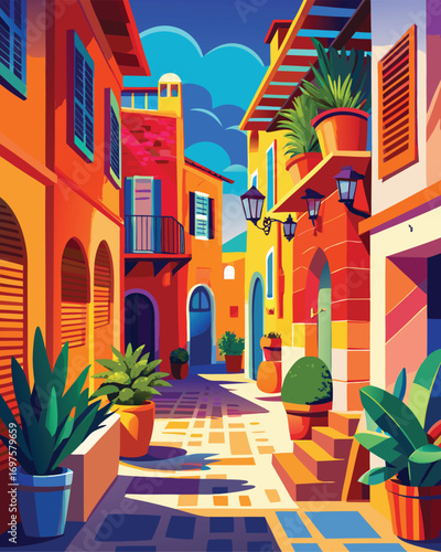 Old European city street with colorful houses and intricate architecture