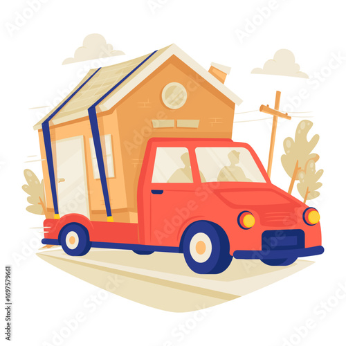 House Moving Truck on the Road for Relocation Vector Illustration