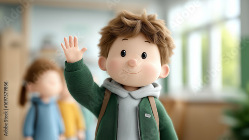 Cheerful teacher welcoming smiling young boy with high five in modern school hallway filled with bright lockers and natural daylight