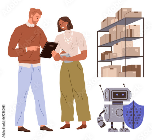 Two colleagues reviewing inventory on a digital device near organized stacked boxes and a robot holding a shield. Ideal for logistics, teamwork, technology, security, automation, inventory