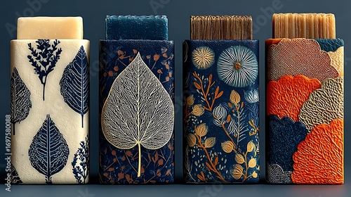Four decorative soap bars with botanical patterns packaging floral