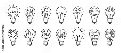 Doodle light bulb idea icon hand drawn set. light bulbs idea concept drawing