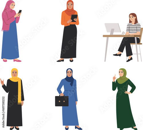 Cartoon Muslim women in modest attire performing professional and everyday activities, hijab character set, empowerment illustration, cultural diversity artwork for workplace and lifestyle themes