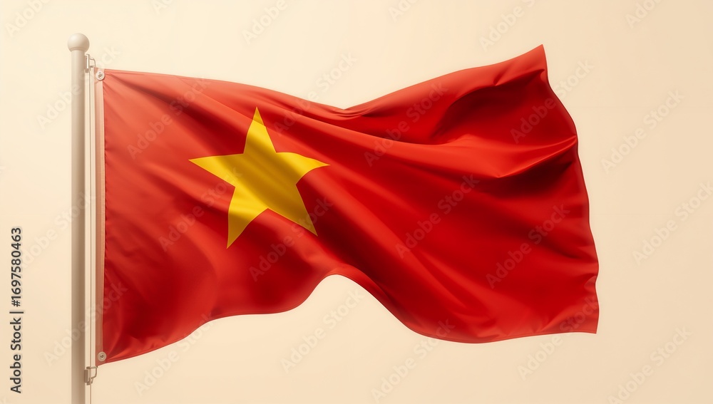 Naklejka premium Vietnam national flag featuring bright red fabric and yellow star gently waving upon the flagpole, captured within soft daylight against a neutral background with smooth tones