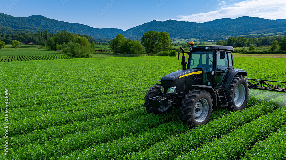 Fototapeta premium Powerful modern tractor with wide mounted sprayer working across vast farmland spraying crops in freshly sowed green field under bright blue sky panoramic view