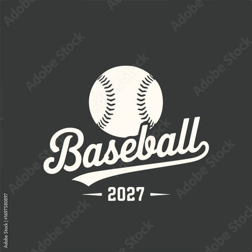 Vector art of vintage baseball logo with the word baseball and the year 2027, featuring a classic baseball illustration on a dark background