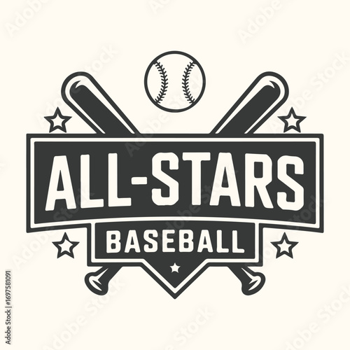 Vector art of vintage baseball allstars logo with crossed bats, ball, and stars