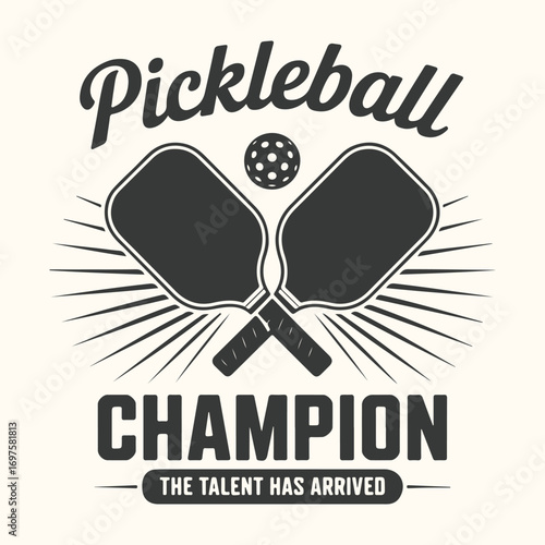 Vector art of pickleball champion graphic with crossed paddles and ball