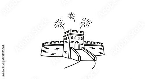 A simple black and white line drawing of the Great Wall of China with fireworks exploding over a central gatehouse.