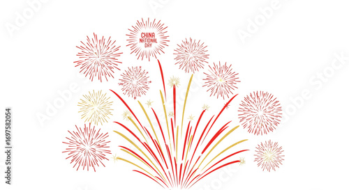 A festive illustration of red and gold fireworks bursting in a celebratory display against a clean white background.