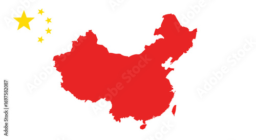 Map of China silhouette filled with the red color of the national flag and its five yellow stars.