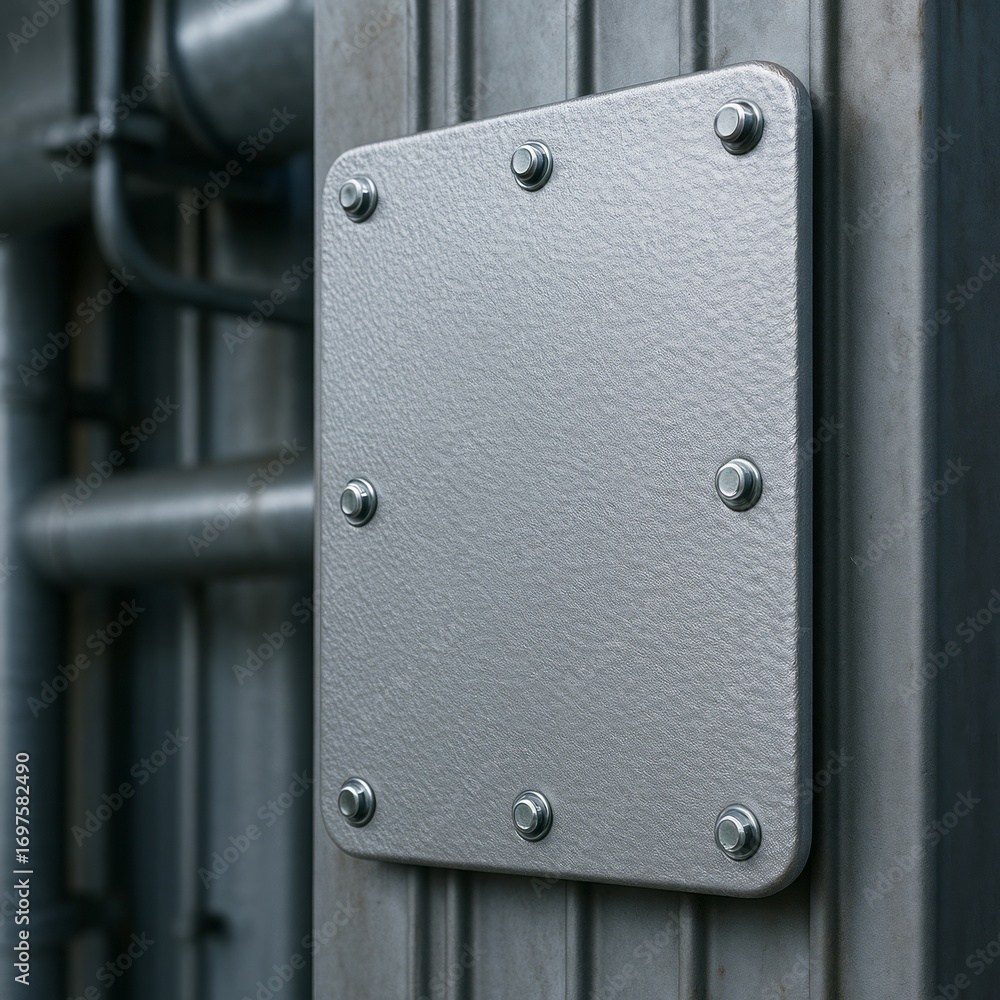 Fototapeta premium Close up of a textured metal access panel secured with six hexagonal bolts on a ribbed metal surface