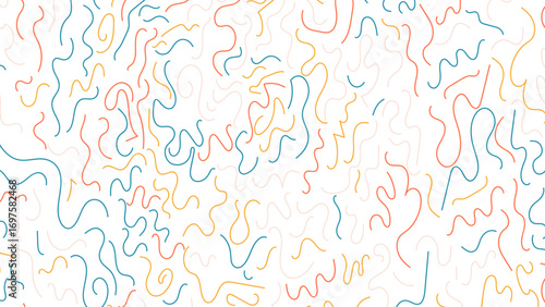 Kid color line squiggle shape seamless pattern. Vector abstract background with chaotic curves. Wallpaper, textile, wrapping paper with dynamic ornament or print exudes sense of movement and energy