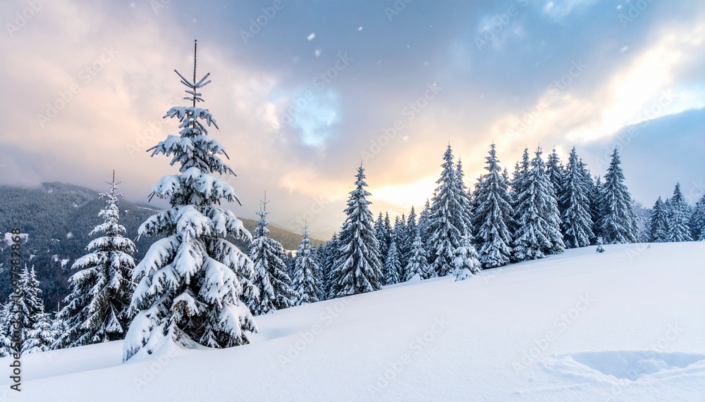 Obraz premium 針葉樹林 雪ともみの木の幻想的な風景