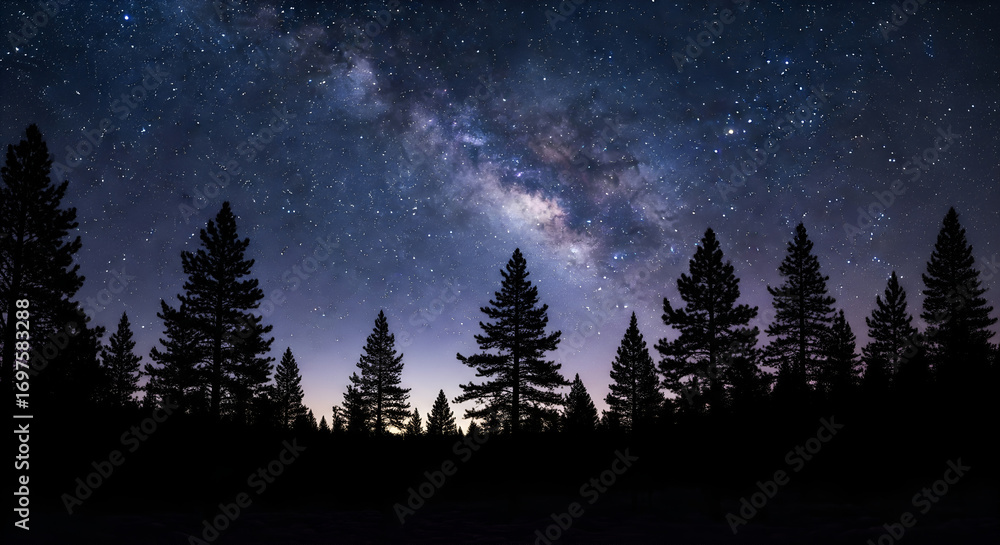 Fototapeta premium Milky Way Galaxy Over Silhouetted Pine Forest