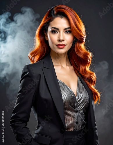 A professional figure with flowing, vivid auburn hair stands against a dynamic, smokey background, dressed in a sophisticated dark suit with a textured, metallic blouse.
