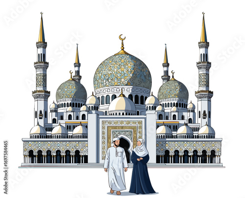 Two men and a woman are in front of the mosque