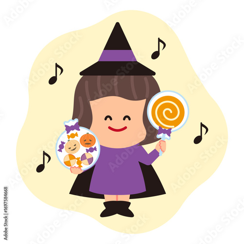 ハロウィンでお菓子をもらって喜ぶ女の子のイラスト(魔女)