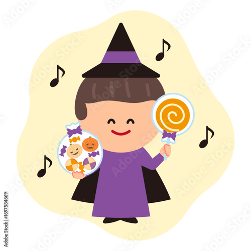 ハロウィンでお菓子をもらって喜ぶ男の子のイラスト(魔法使い)