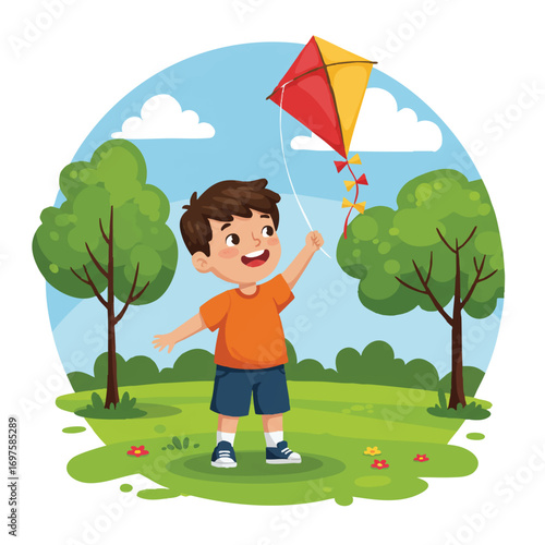 A vibrant flat 2D vector illustration depicts a smiling little boy happily playing with a colorful kite in a sunny park, featuring green trees and a bright blue sky, evoking pure childhood joy.