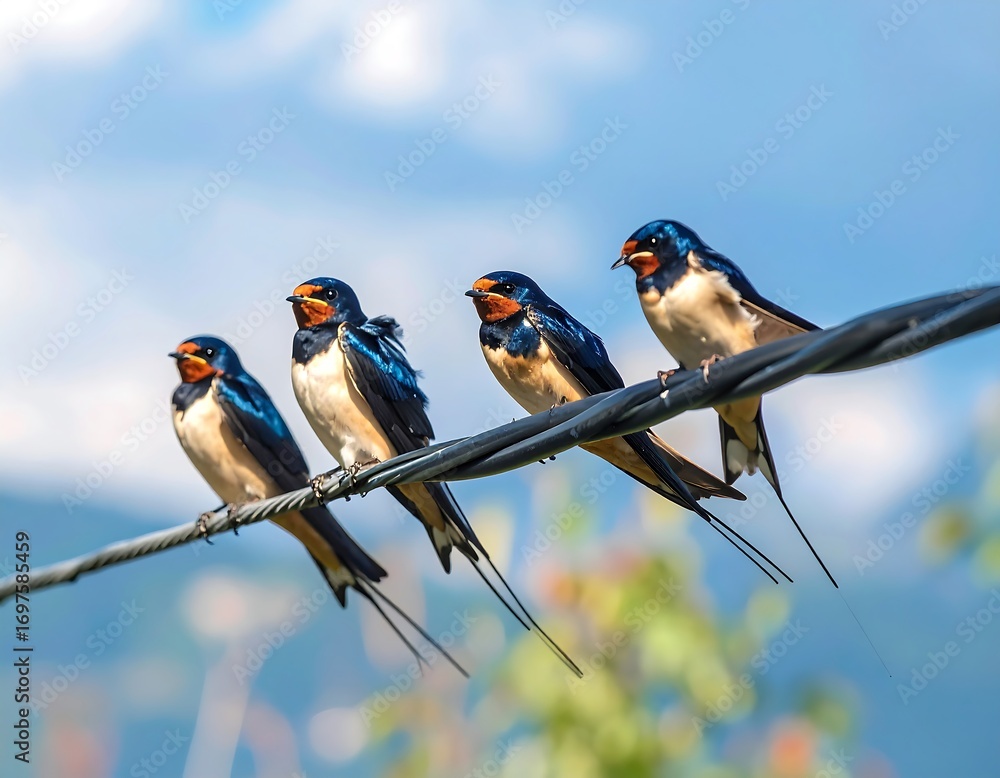 Fototapeta premium Four swallows on a wire