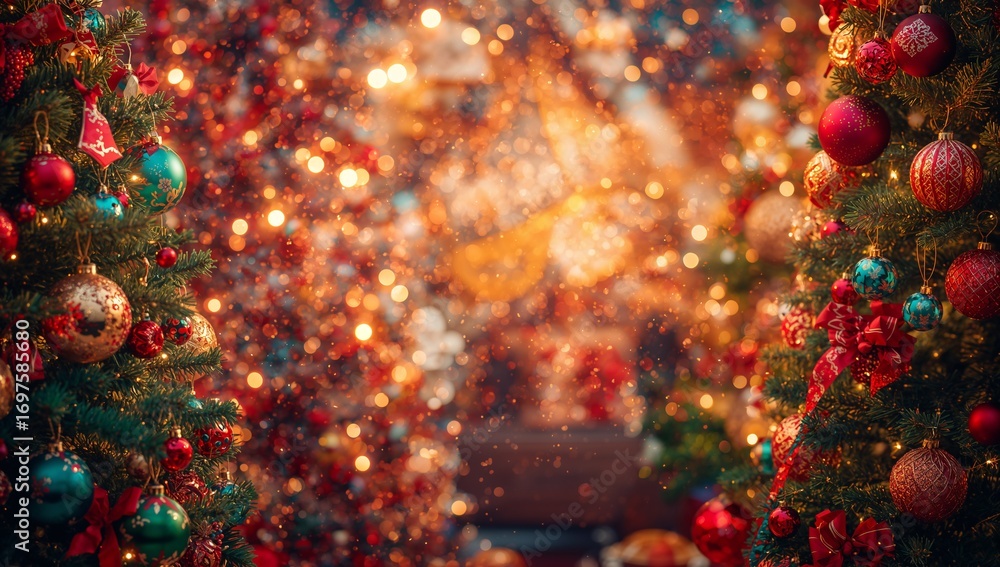 Fototapeta premium Beautifully decorated Christmas trees adorned featuring ornaments and ribbons glow warmly with sparkling holiday lights, creating the festive and magical seasonal atmosphere indoors