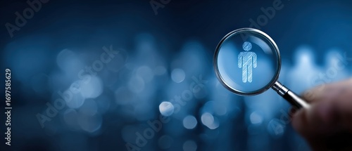 Magnifying glass focusing on a person icon, recruitment process and talent acquisition concept