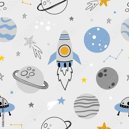 Seamless pattern with cute planets, stars, ufo, earth, constellations, rockets, space, saturn on gray background. Creative kids texture for fabric, prints, wallpaper, decorations, textiles.