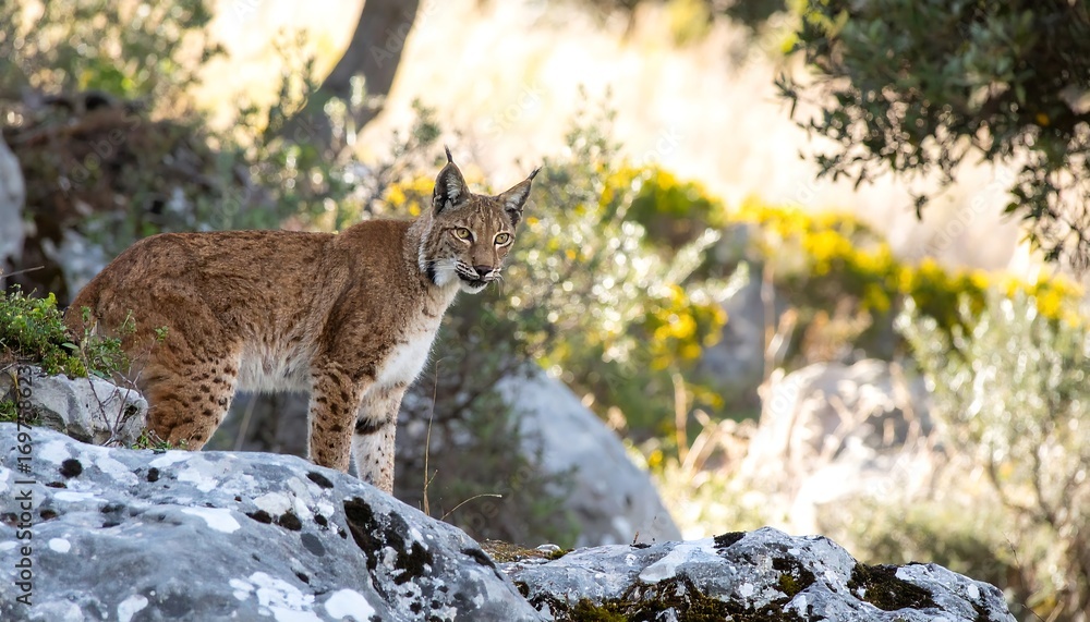 Obraz premium A lynx stands alert on a rocky outcrop, its gaze fixed on the surrounding landscape, bathed in soft, natural light.