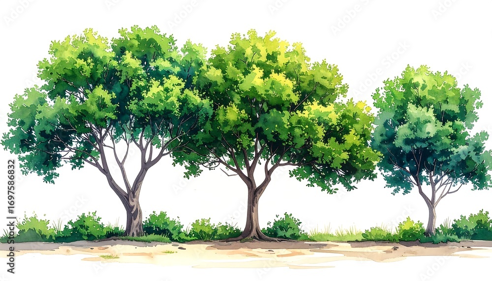 Fototapeta premium Lush green trees against a white background