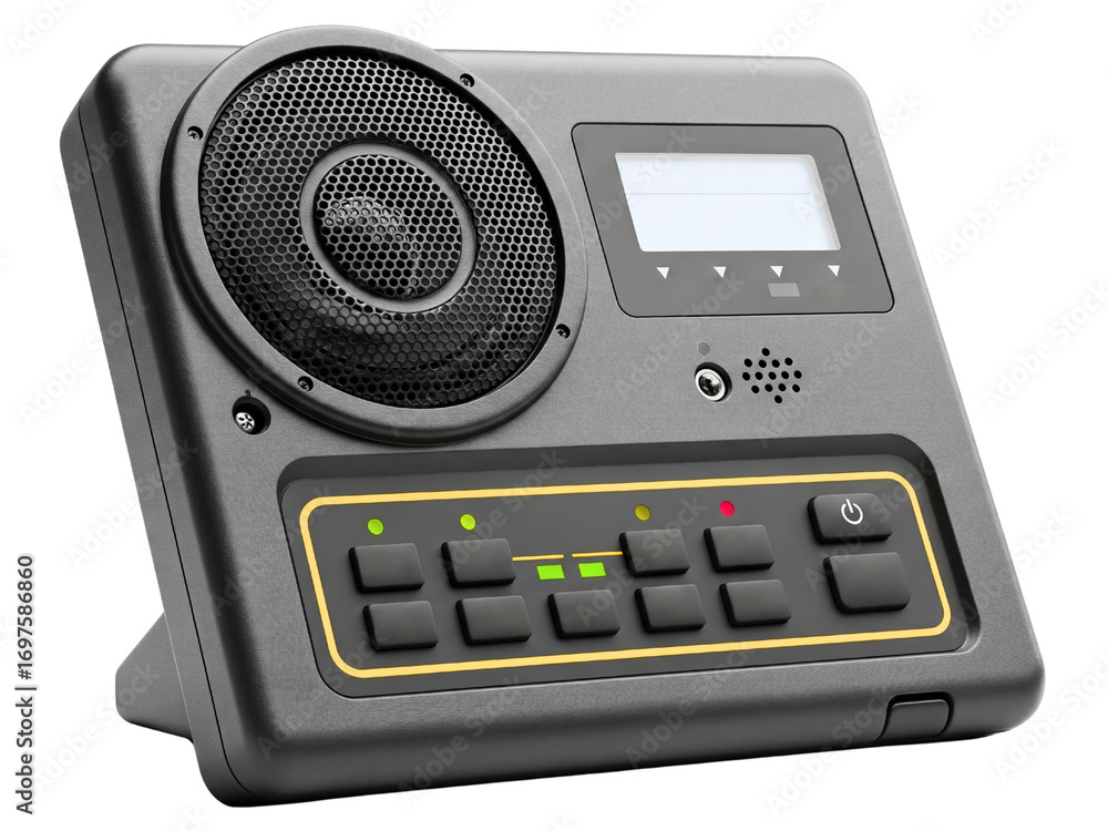 Obraz premium Electronic control panel with a speaker and digital display on a transparent background