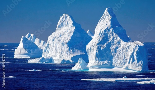 Glacial icebergs in a vibrant blue ocean