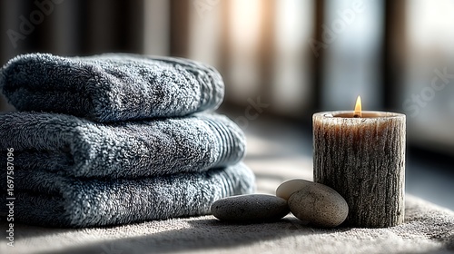 Stacked fluffy towels with lit candle and smooth stones grey blue