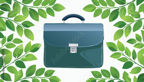 Teal briefcase framed by green leaves branches