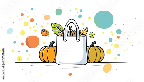 White tote bag with pumpkins and autumn leaves orange green