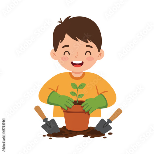Vibrant flat 2D vector illustration: smiling child planting small green seedling in a garden pot, wearing gardening gloves, trowel nearby on clean white background.