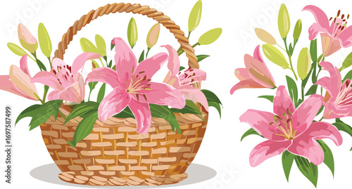 Pink lilies in woven basket and scattered green leaves floral arrangement