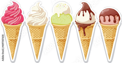 Five colorful ice cream cones with toppings strawberry vanilla