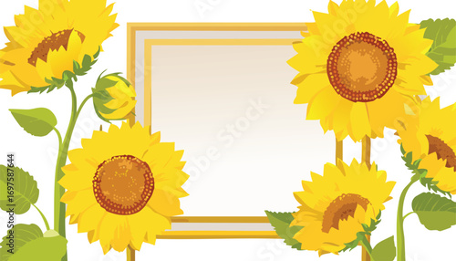 Yellow sunflowers surrounding a decorative frame with green leaves vector