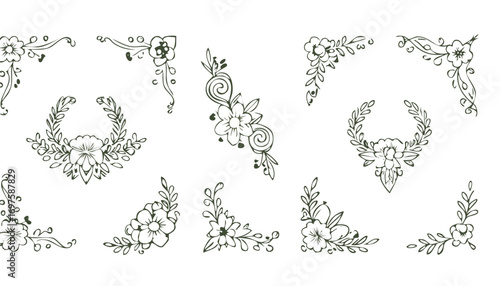 Floral decorative elements with swirling vines and leaves vector