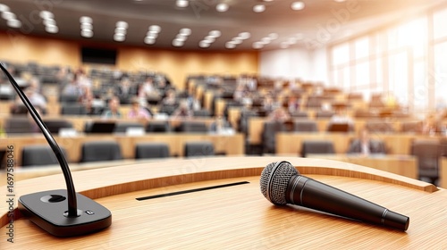 Conference room podium with microphones and audience