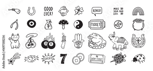 Good Luck doodle Symbols Set. Hand drawn lucky icons. Asian talismans and charms outline set.