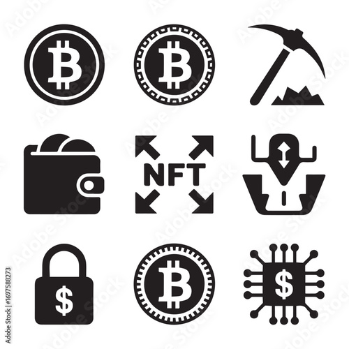 Collection of cryptocurrency and bitcoin icons including mining, wallet, nft, security, and digital currency symbols isolated on white background
