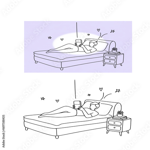 Vector illustration of a person lying in bed and using a smartphone with glowing light effect, minimalist black and white style with pastel background.
