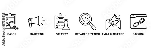 Seo marketing icon set vector illustration for search, marketing, strategy, keyword research, email marketing, backlink